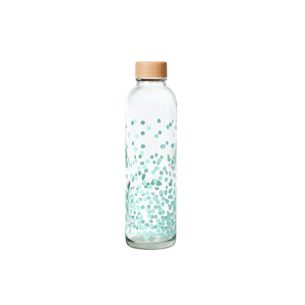Durchsichtige Trinkflasche mit hellblauem Muster und Holzdeckel
