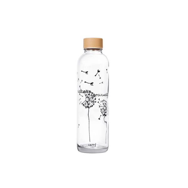 Trinkflasche mit Pusteblumen-Print in schwarz mit Holzdeckel